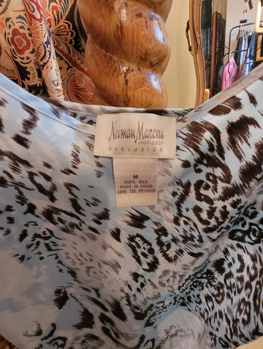100% Silk, Neiman Marcus, Medium Animal Print Slip Dress in Pale Blue and Black - Picture 3 of 6